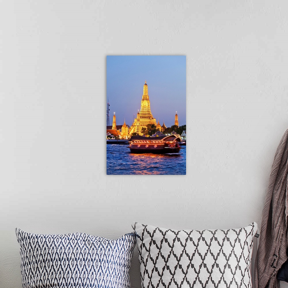 A bohemian room featuring Thailand, Thailand Central, Bangkok, Wat Arun or Temple of Dawn illuminated at dusk.