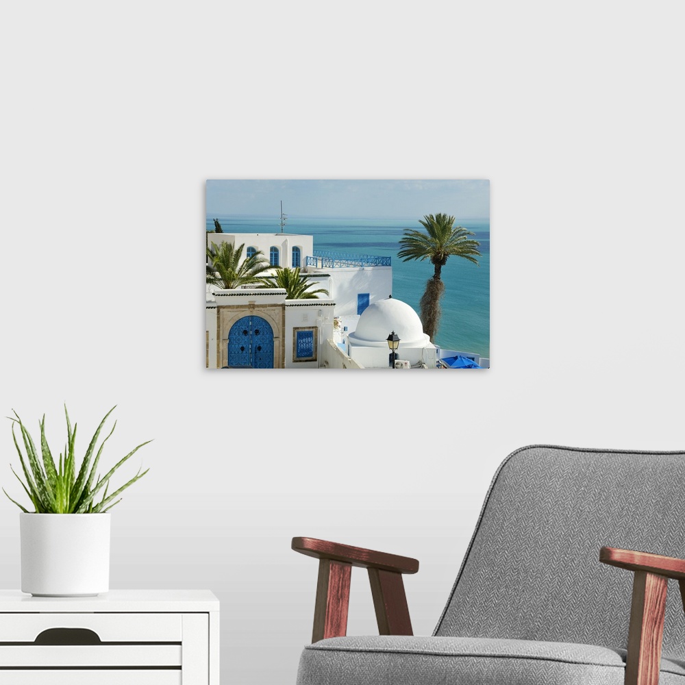 A modern room featuring Tunisia, Tunis, Mediterranean area, Sidi Bou Said, White walled houses overlooking the Gulf of Tunis