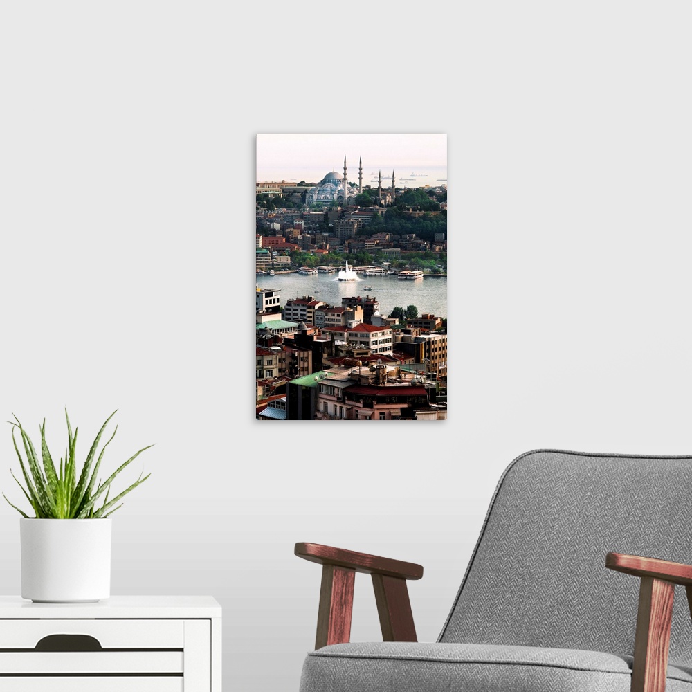 A modern room featuring Turkey, Istanbul, Bosphorus, Suleymaniye Mosque over the Golden Horn.