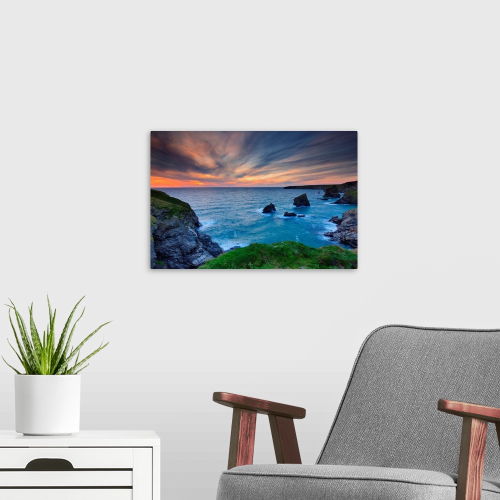 A modern room featuring UK, England, Cornwall, View of the iconic rock formations known as the Bedruthan Steps, on Cornwa...