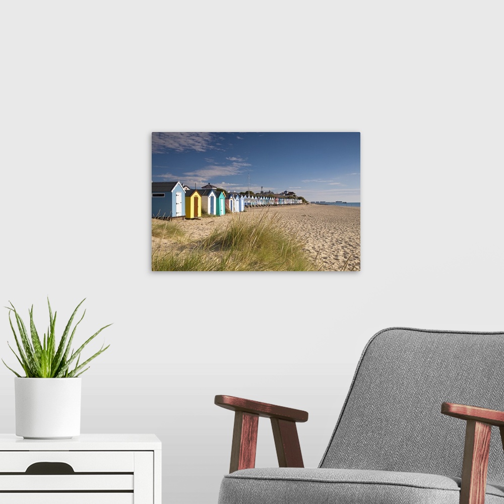 A modern room featuring UK, England, East Anglia, Suffolk, Southwold, Gun Hill, Colorful beach huts