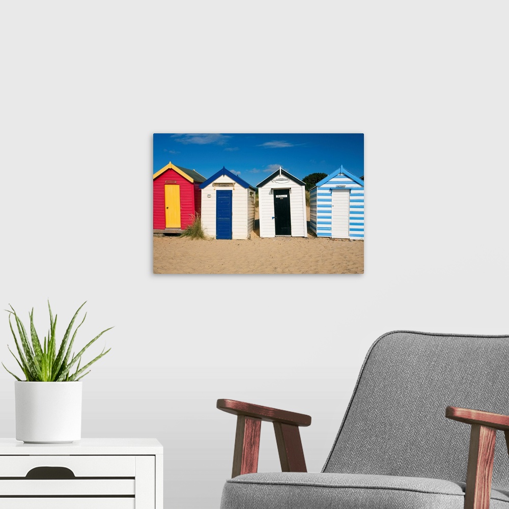 A modern room featuring UK, England, East Anglia, Suffolk, Southwold, Gun Hill, Colorful beach huts