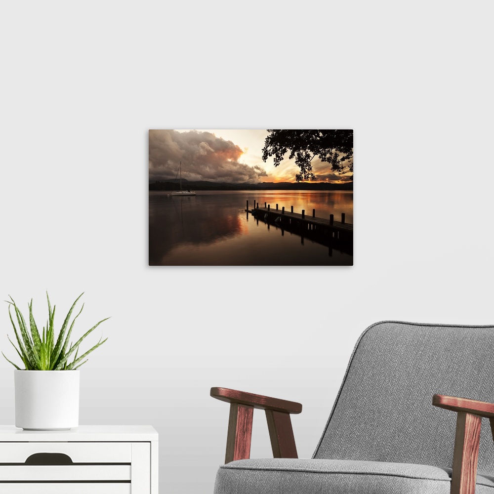 A modern room featuring UK, England, Great Britain, Lake District, Cumbria, Lake Windemere at sunset