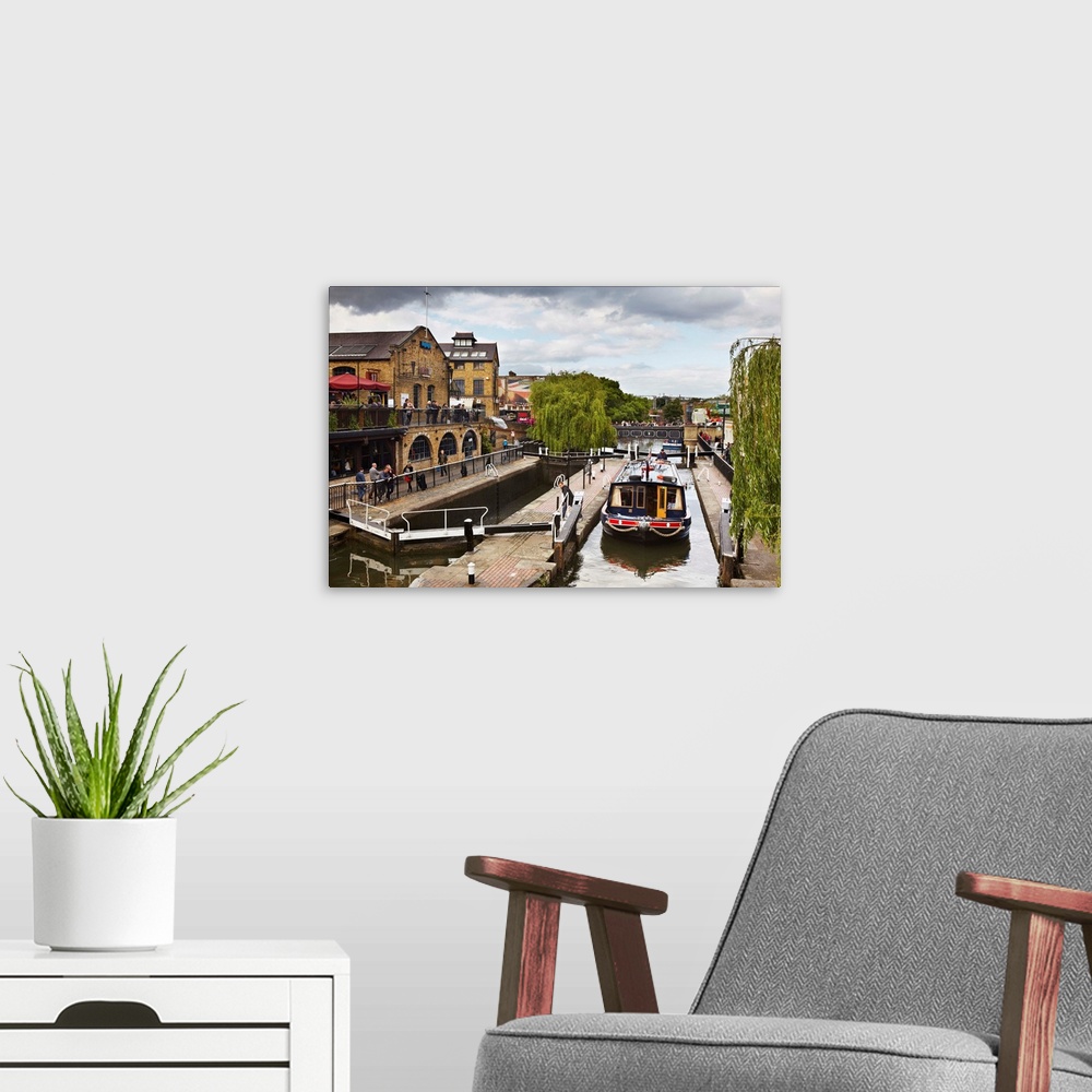 A modern room featuring UK, England, Great Britain, London, Camden Town, Canal boat at Camden Lock