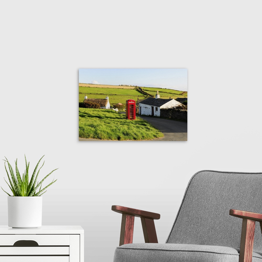 A modern room featuring UK, Isle of Man, Great Britain, Cregneash, Telephone box and houses among the landscape