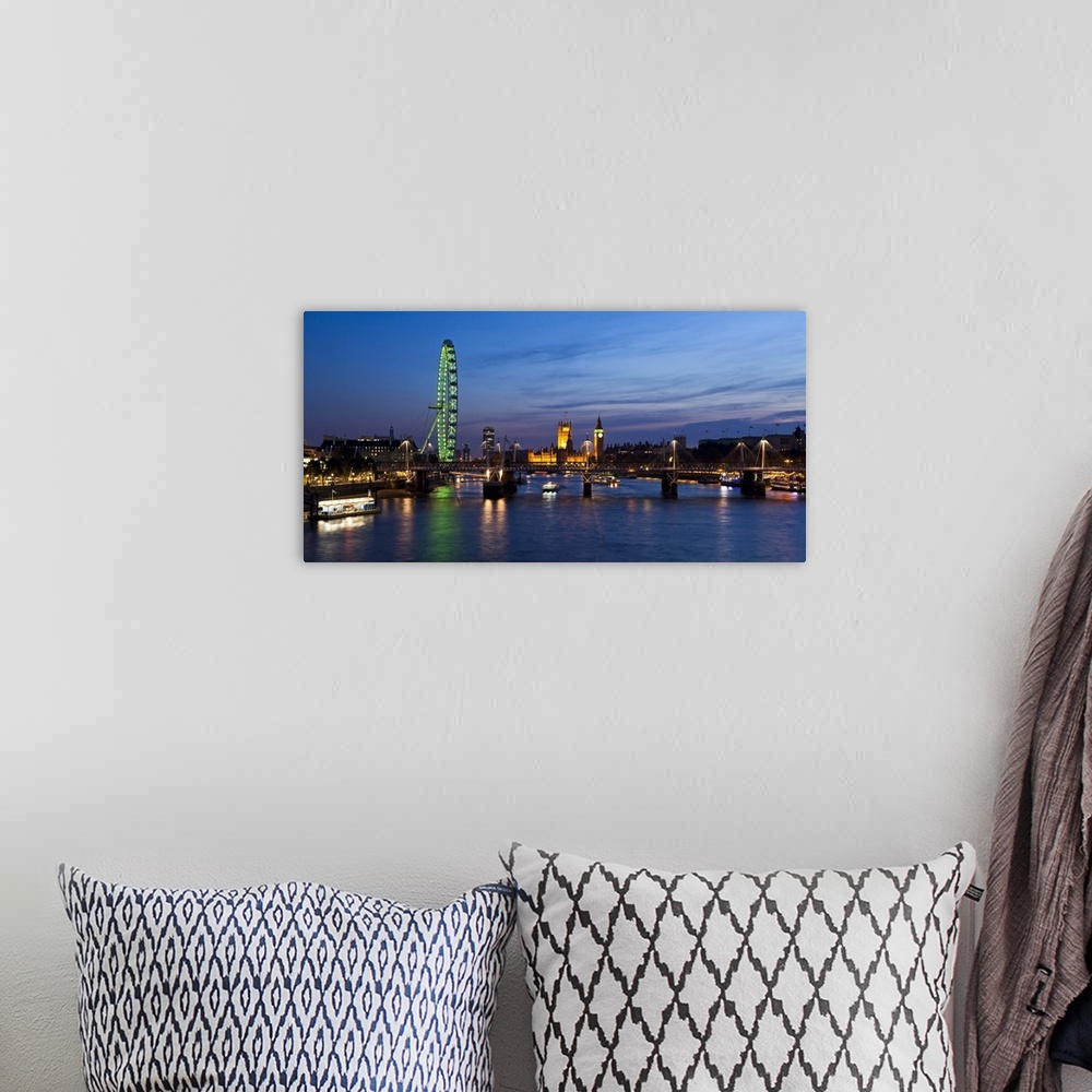 A bohemian room featuring UK, London, London Eye and Westminster Palace skyline at dusk