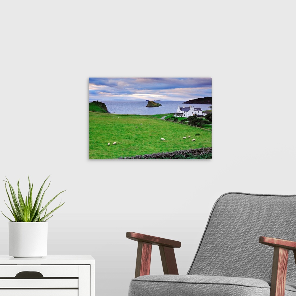 A modern room featuring United Kingdom, UK, Scotland, Highlands, Skye island, View towards Duntulm Castle, Lewis and Harr...