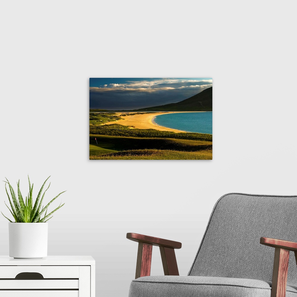 A modern room featuring Borve golf club at sunset in Hebreides Isle of Harris by the sea