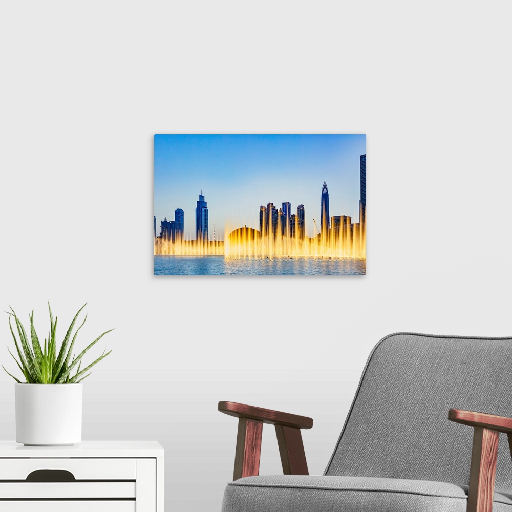 A modern room featuring United Arab Emirates, Dubai, Downtown, Burj Khalifa lake, Dubai Fountain, musical fountain..