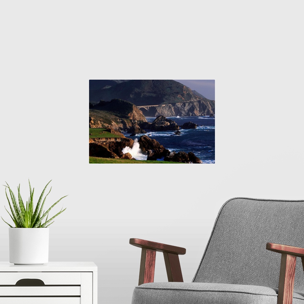 A modern room featuring United States, California, Big Sur, Highway 1, view towards Rocky Creek Bridge