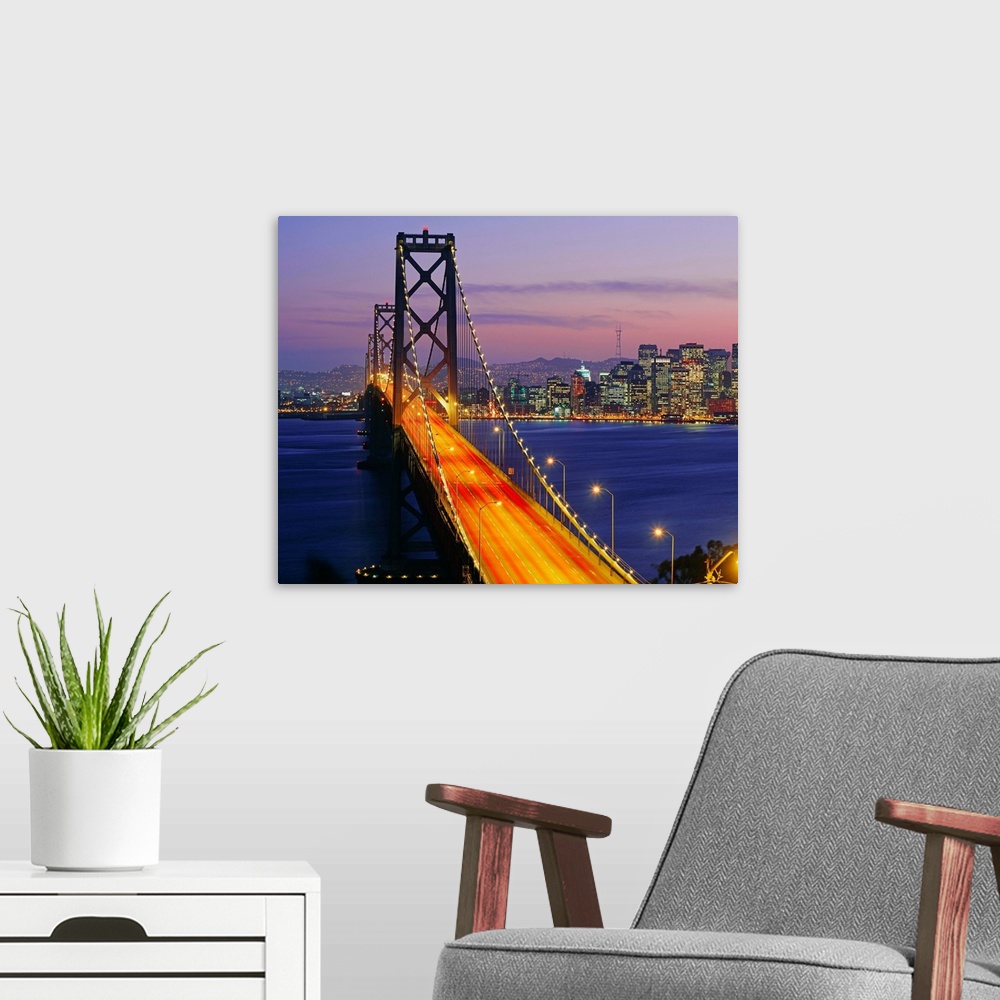 A modern room featuring United States, California, San Francisco, Bay Bridge and Downtown in background