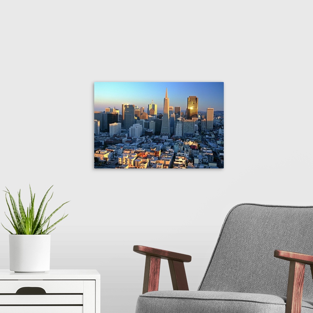 A modern room featuring United States, California, Skyline at sunset