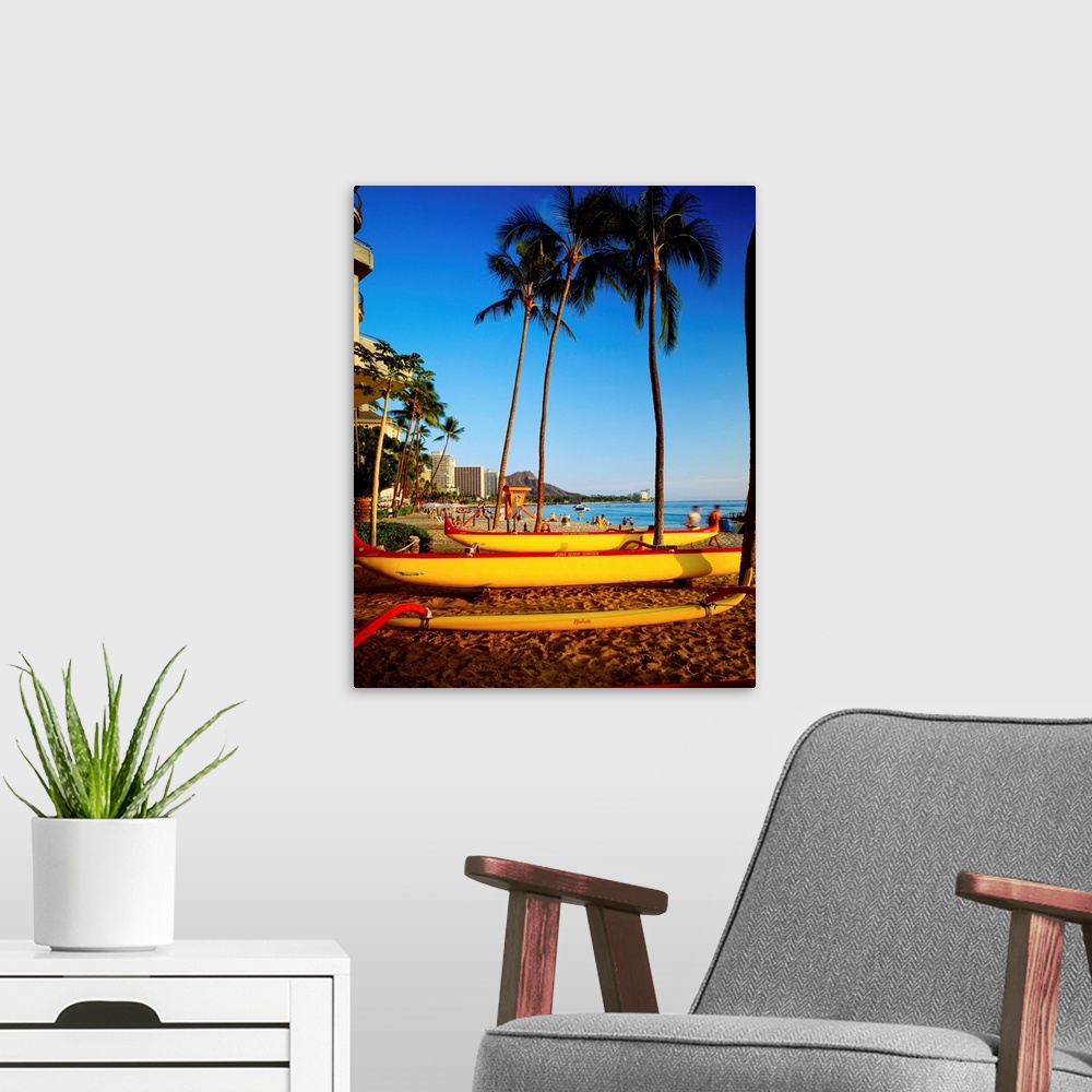 A modern room featuring United States, Hawaii, Waikiki beach, boats on sand, Diamond Head in background