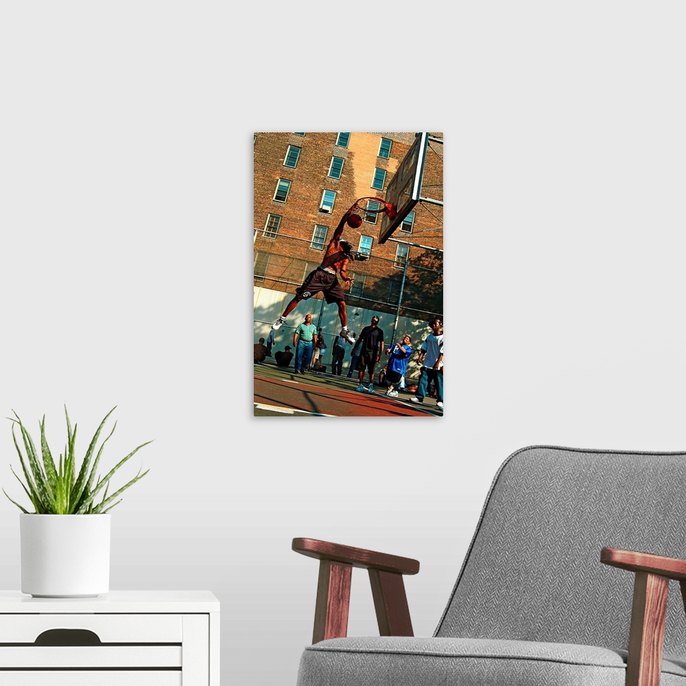 A modern room featuring United States, USA, New York, New York City, Harlem neighborhood, men playing basketball