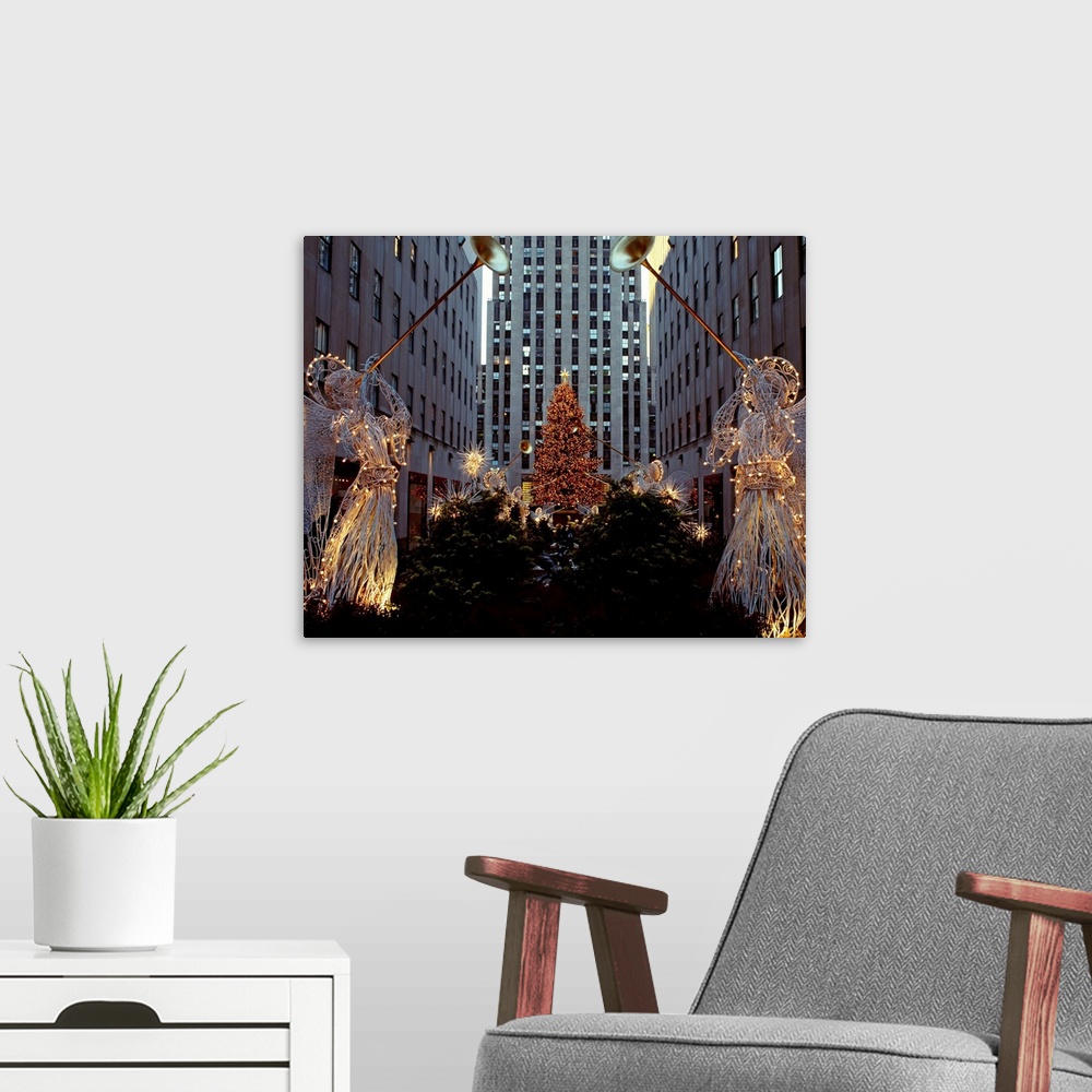 A modern room featuring United States, USA, New York, New York City, Manhattan, Rockefeller Center, Christmas tree