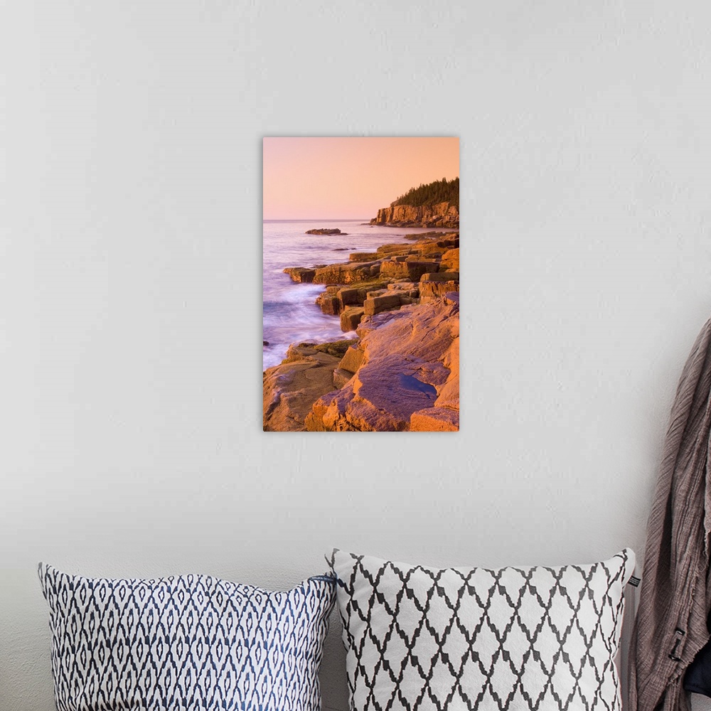 A bohemian room featuring USA, Maine, Mount Desert Island, Otter Cliffs at dawn