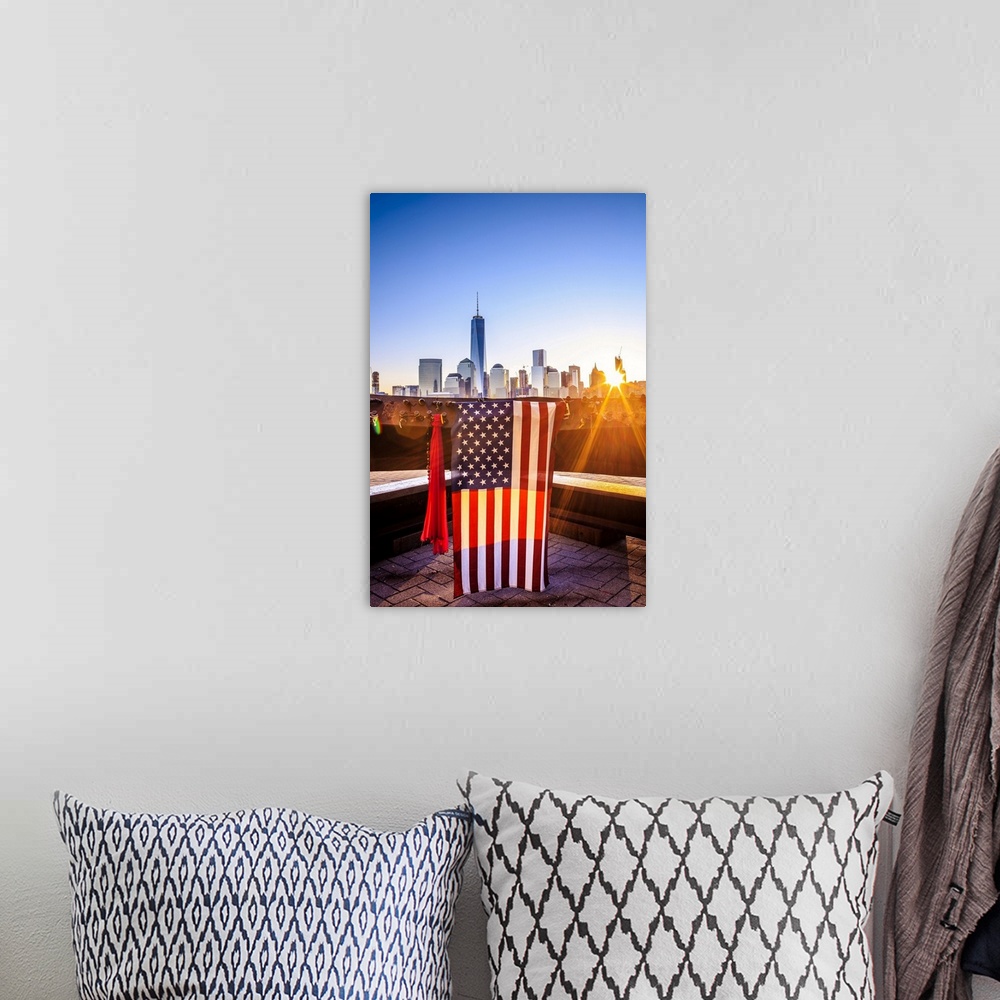 A bohemian room featuring USA, New Jersey, 9-11 memorial in New Jersey, American flags on a steel bar of the destroyed Twin...
