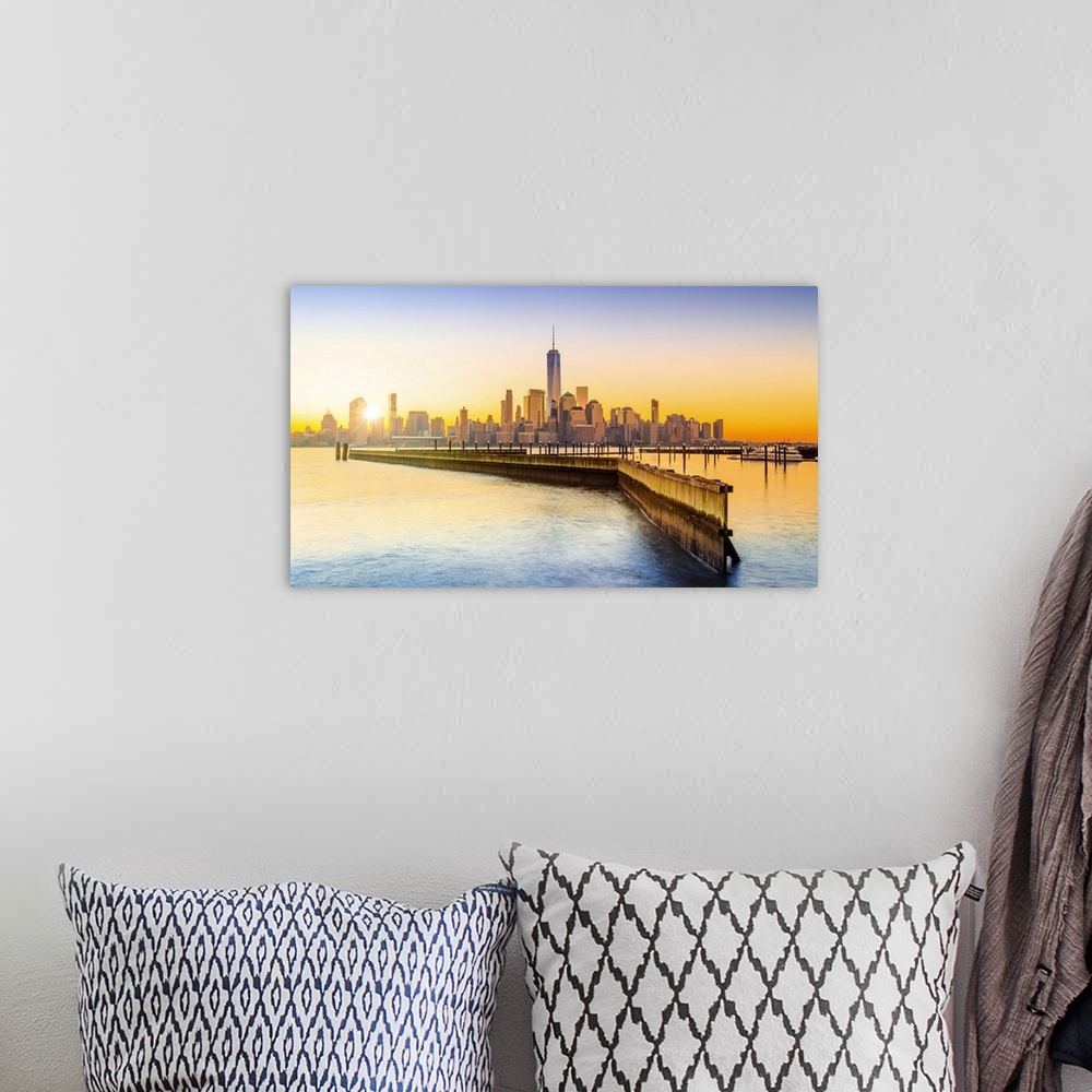 A bohemian room featuring USA, New Jersey, Lower Manhattan skyline with One World Trade Center and Freedom Tower at sunrise