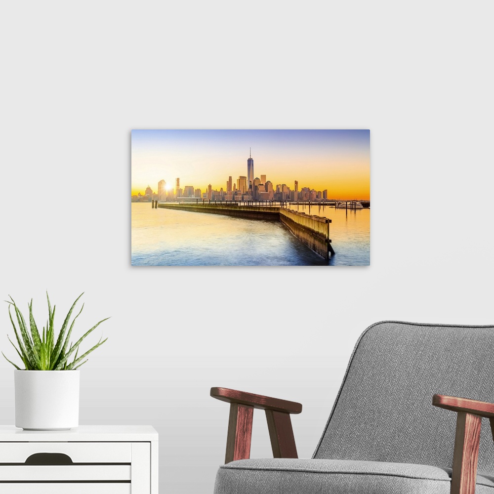 A modern room featuring USA, New Jersey, Lower Manhattan skyline with One World Trade Center and Freedom Tower at sunrise