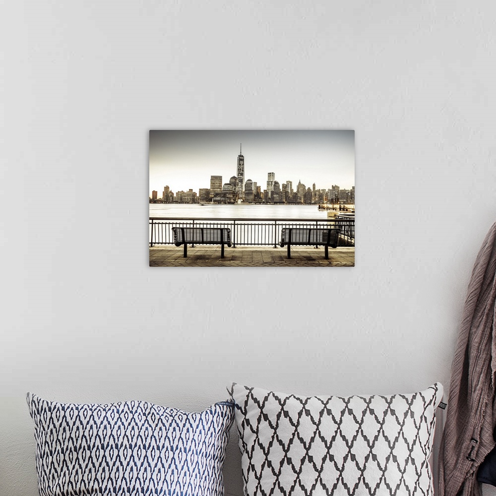 A bohemian room featuring USA, New Jersey, Sundial, Lower Manhattan skyline with One World Trade Center and Freedom Tower a...