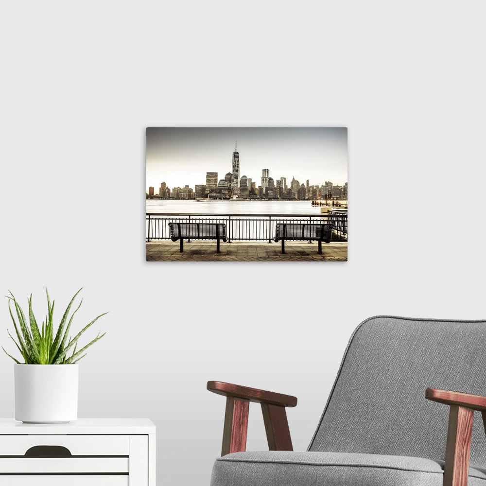 A modern room featuring USA, New Jersey, Sundial, Lower Manhattan skyline with One World Trade Center and Freedom Tower a...