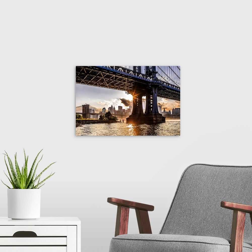 A modern room featuring United States, New York City, Brooklyn, East River, Dumbo, Manhattan Bridge, Manhattan Bridge, Br...