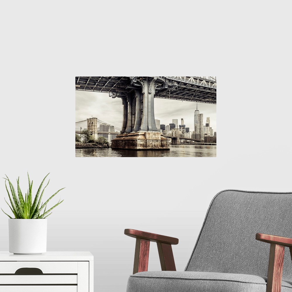 A modern room featuring USA, New York City, Brooklyn, East River, Dumbo, Manhattan Bridge, Manhattan Bridge pylon, Brookl...