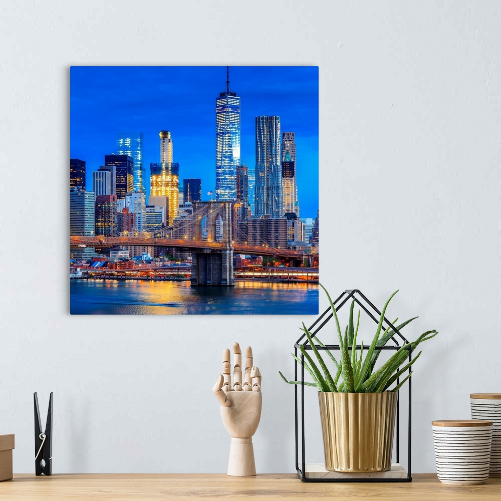 A bohemian room featuring USA, New York City, Brooklyn, East River, Dumbo, Brooklyn Bridge, View of the Lower Manhattan and...