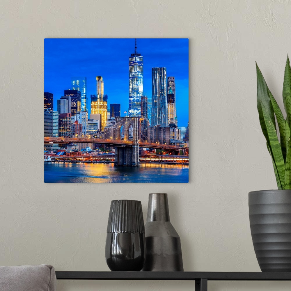 A modern room featuring USA, New York City, Brooklyn, East River, Dumbo, Brooklyn Bridge, View of the Lower Manhattan and...