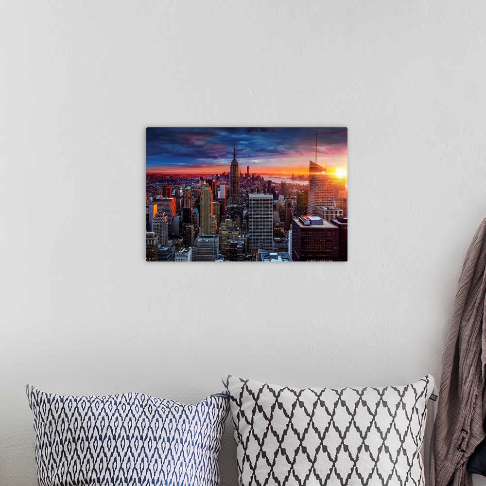 A bohemian room featuring USA, New York City, Empire State Building, Evening cityscape from the Top of the Rock observation...
