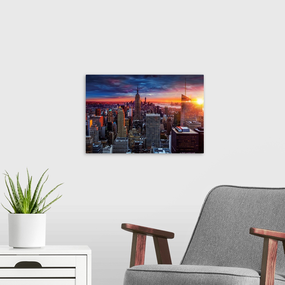 A modern room featuring USA, New York City, Empire State Building, Evening cityscape from the Top of the Rock observation...