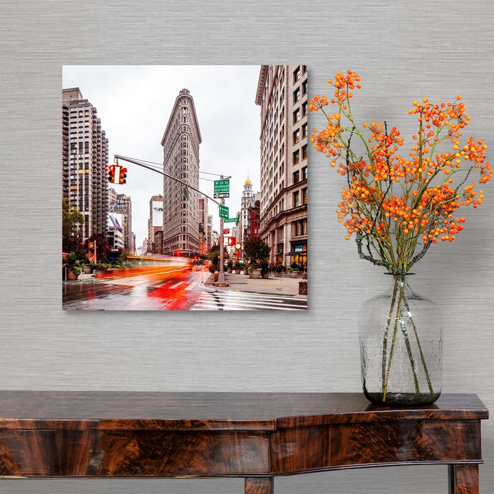 A traditional room featuring USA, New York City, Flatiron Building with the rain.