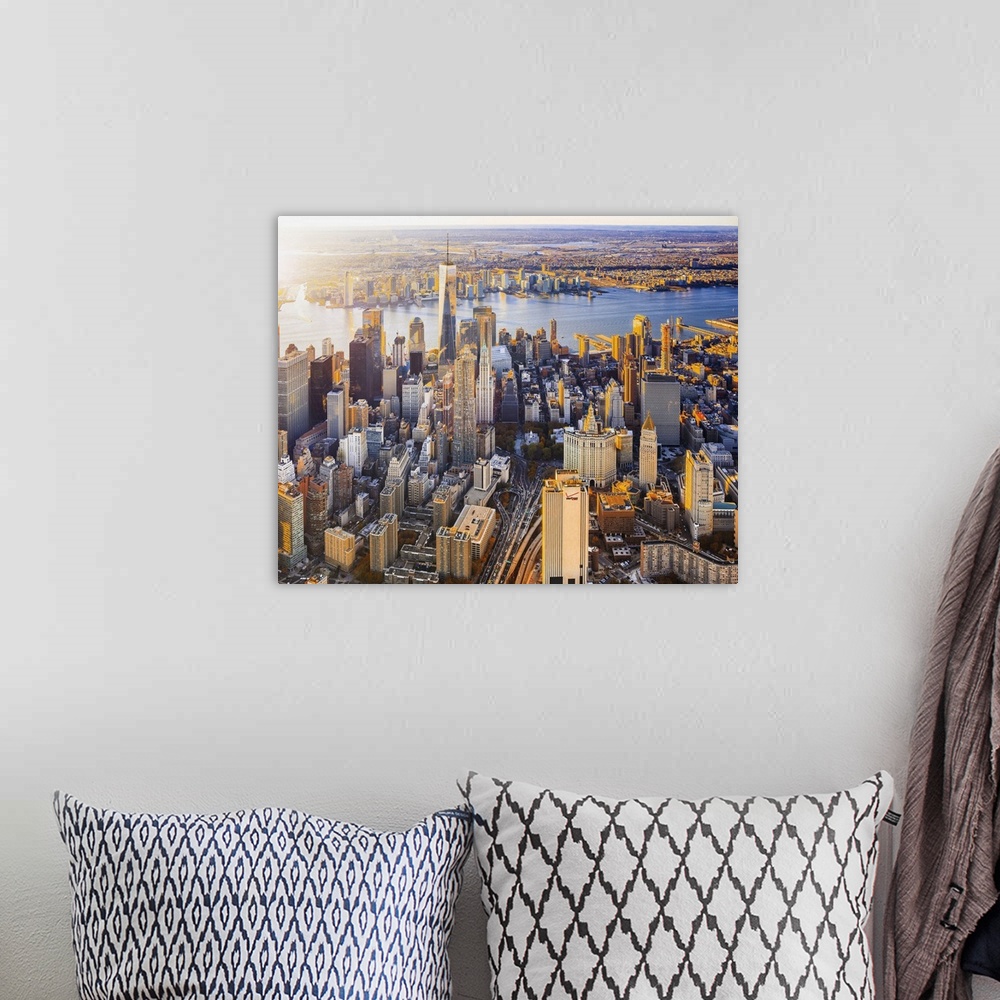 A bohemian room featuring USA, New York City, Lower Manhattan, Aerial view towards One World Trade Center at sunset.