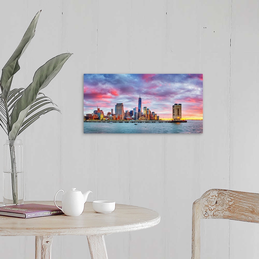 A farmhouse room featuring USA, New York City, Lower Manhattan, Financial District and Freedom Tower, view from Pier 40 at s...