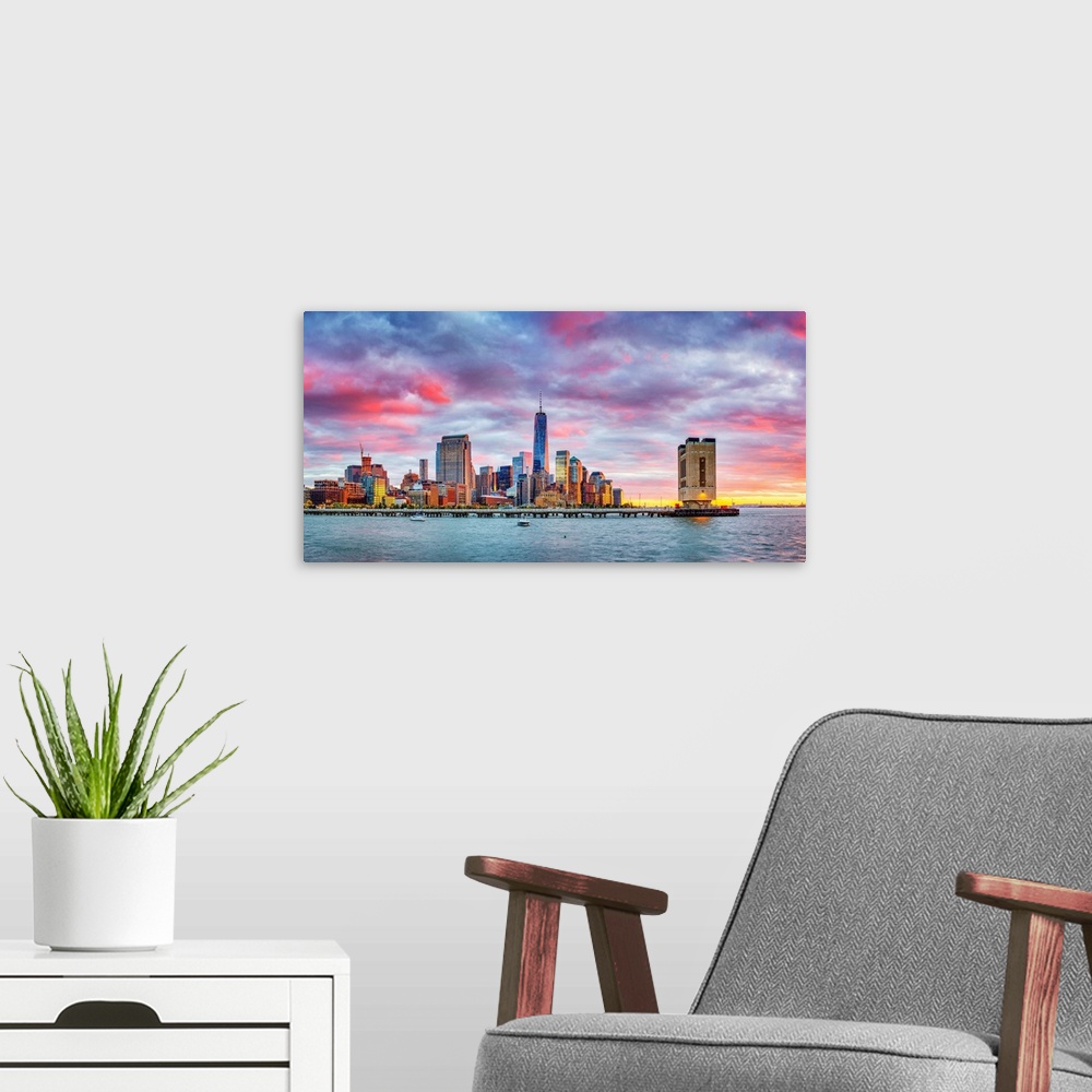 A modern room featuring USA, New York City, Lower Manhattan, Financial District and Freedom Tower, view from Pier 40 at s...