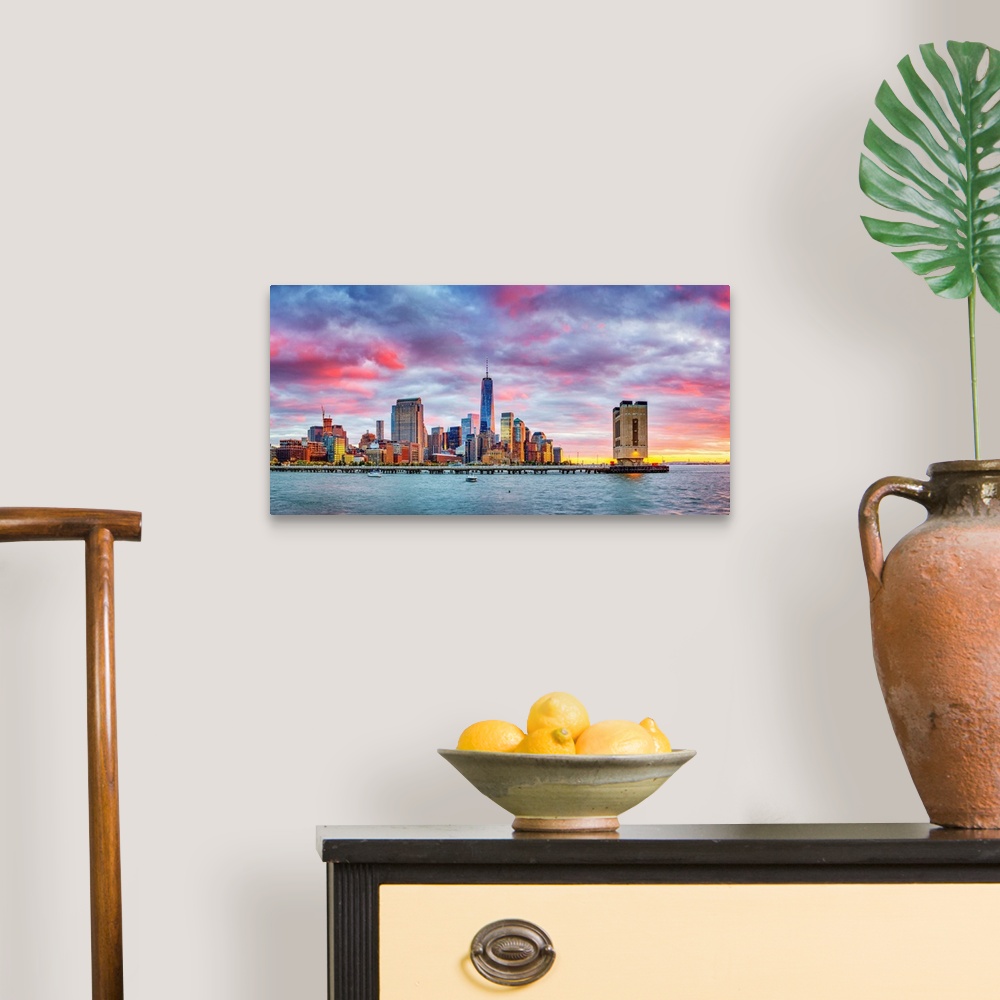 A traditional room featuring USA, New York City, Lower Manhattan, Financial District and Freedom Tower, view from Pier 40 at s...