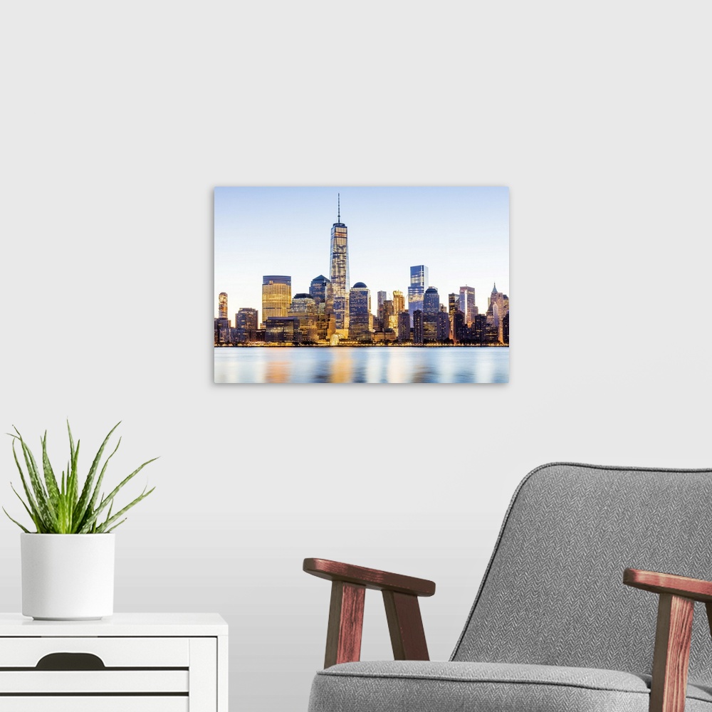 A modern room featuring USA, New York City, Lower Manhattan, One World Trade Center, Freedom Tower, Lower Manhattan skyli...
