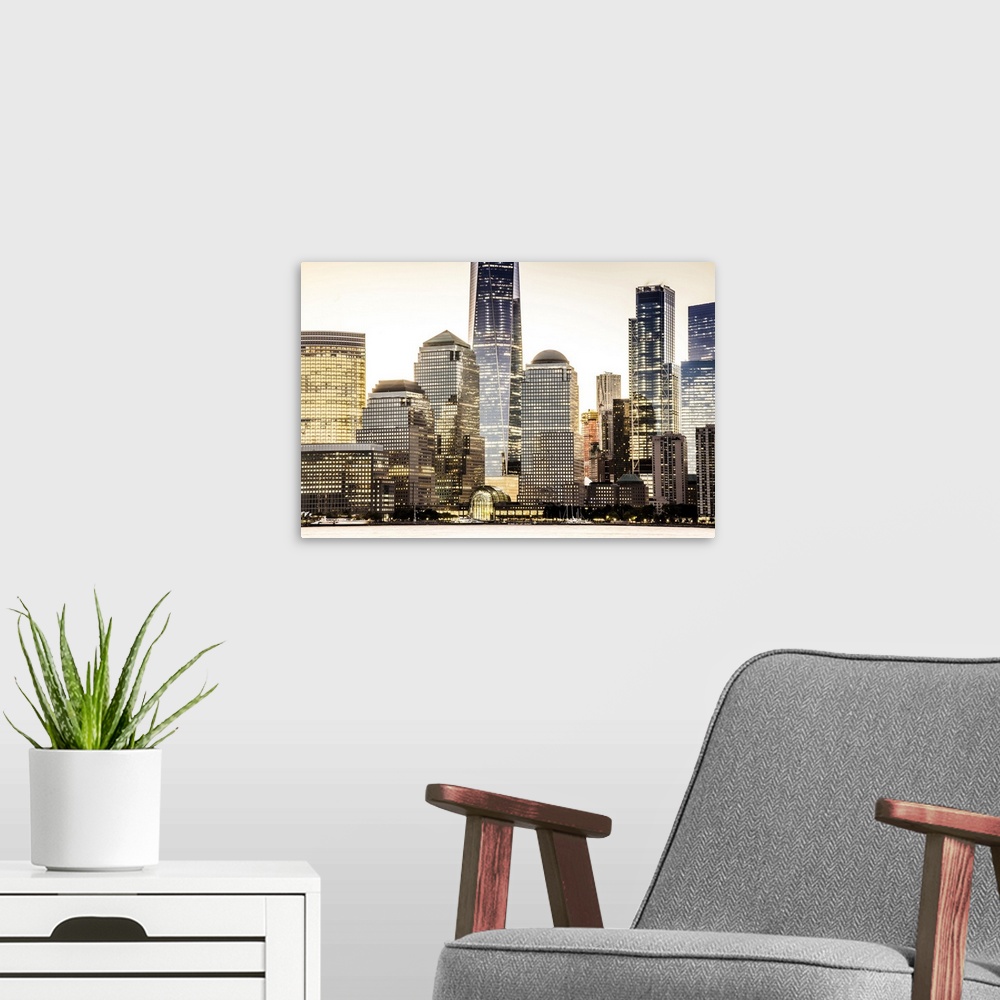 A modern room featuring United States, New York City, Manhattan, Lower Manhattan, One World Trade Center, Freedom Tower, ...