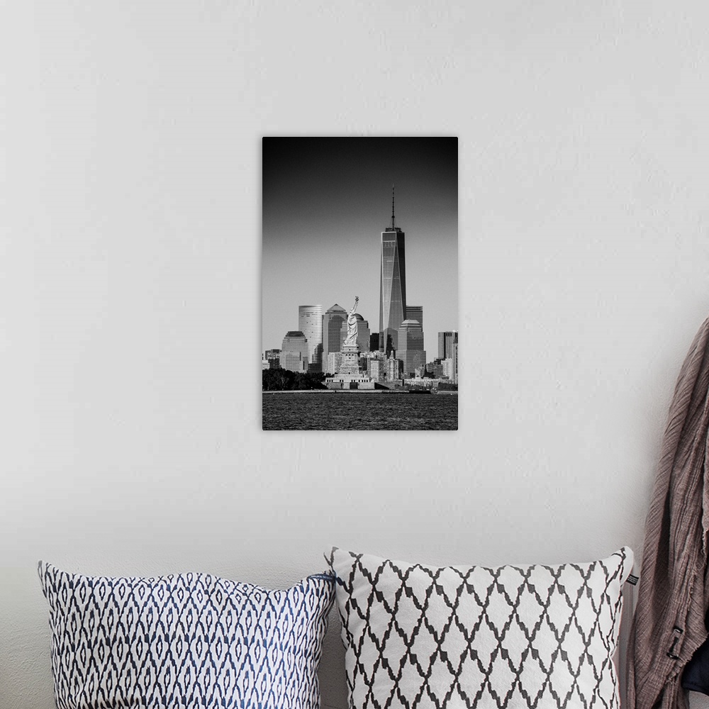 A bohemian room featuring USA, New York City, Lower Manhattan, Lower Manhattan skyline with Freedom Tower and Statue of Lib...