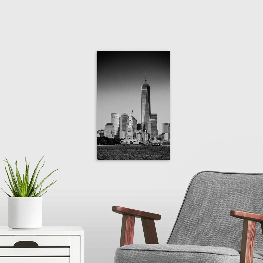 A modern room featuring USA, New York City, Lower Manhattan, Lower Manhattan skyline with Freedom Tower and Statue of Lib...