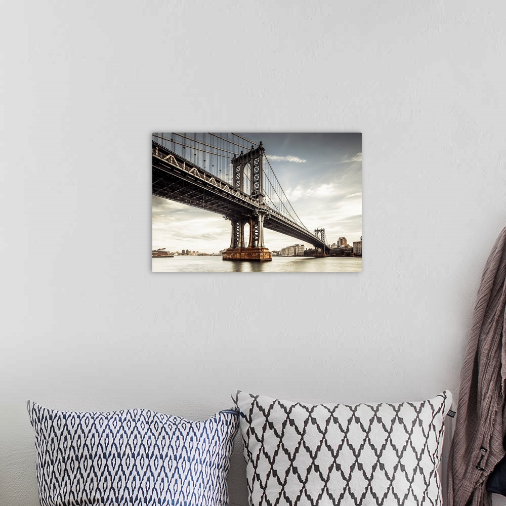 A bohemian room featuring USA, New York City, Manhattan Bridge, Manhattan Bridge at sunset.