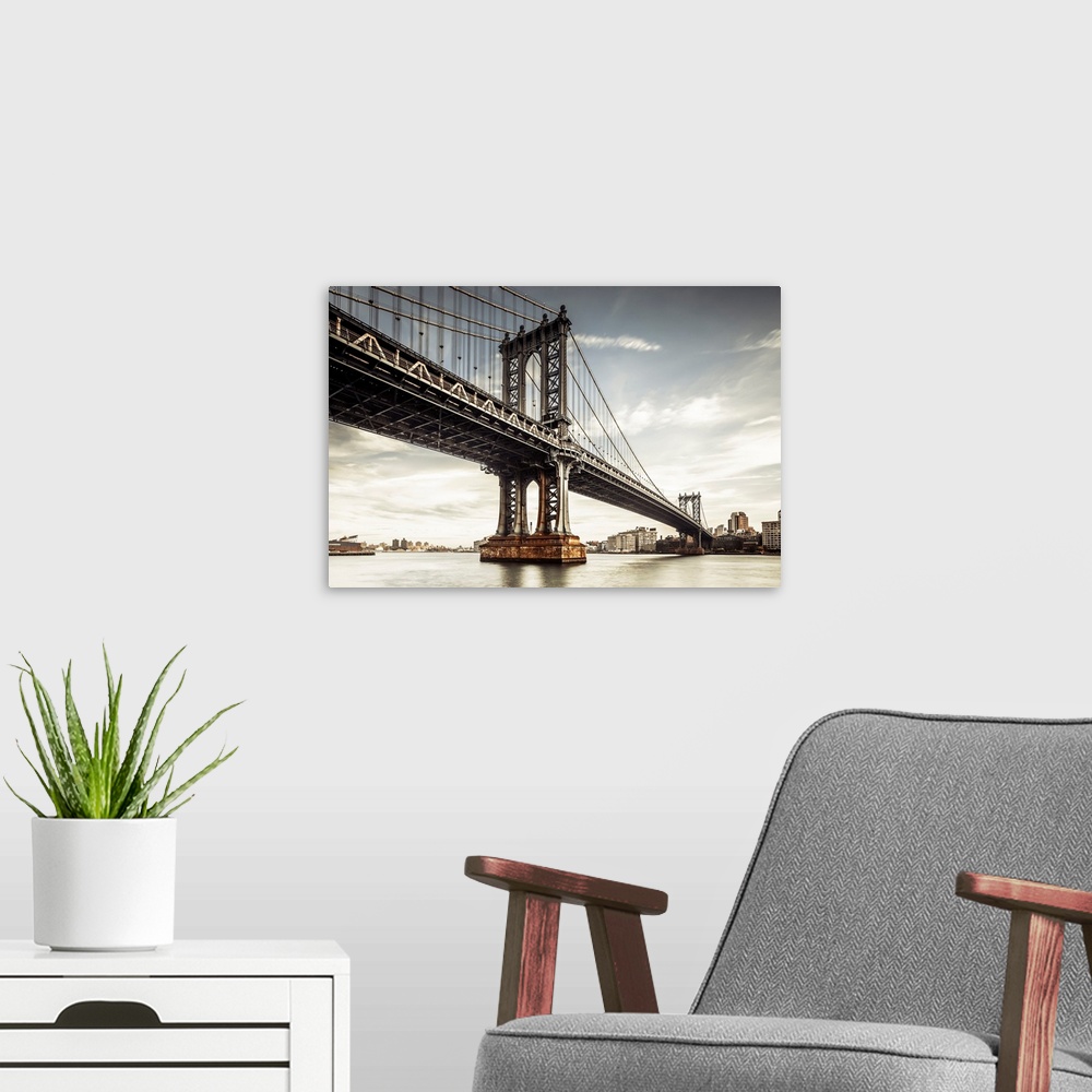 A modern room featuring USA, New York City, Manhattan Bridge, Manhattan Bridge at sunset.
