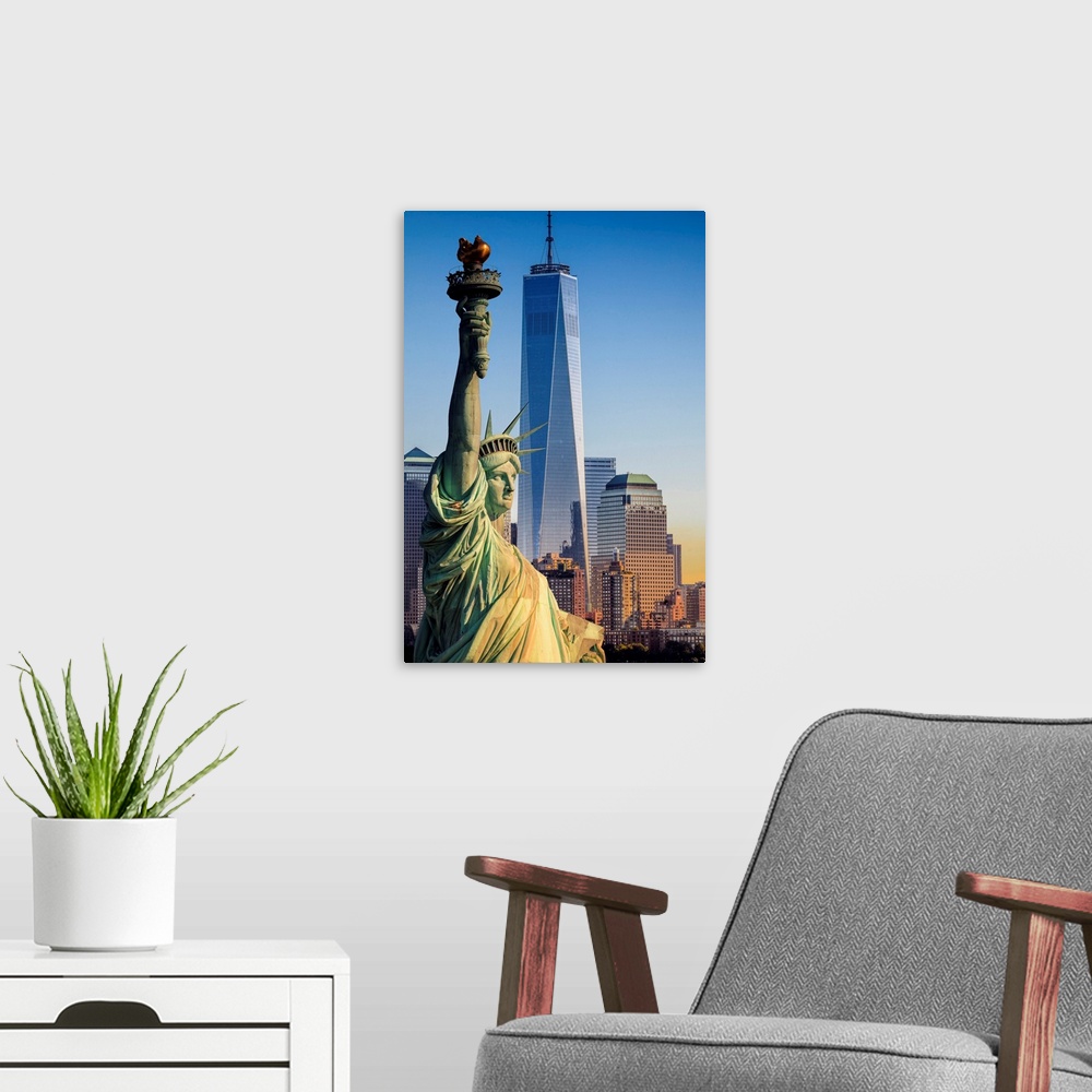 A modern room featuring USA, New York City, Manhattan, Lower Manhattan, Liberty Island, Statue of Liberty, Statue of Libe...