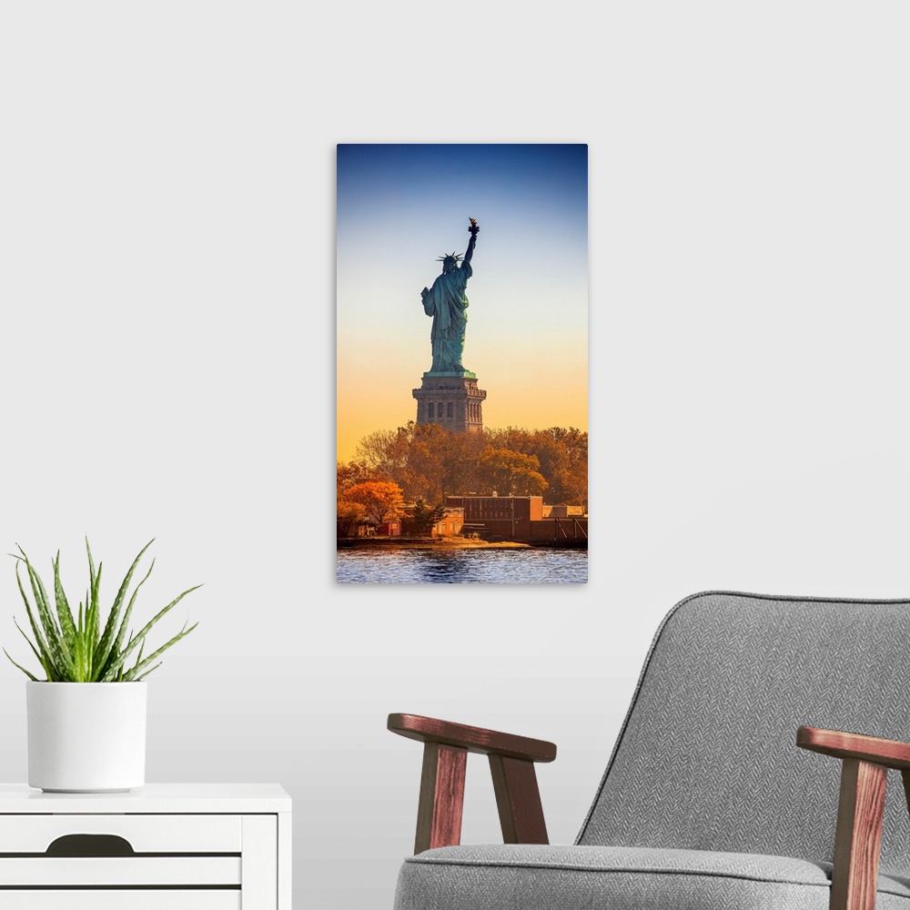 A modern room featuring USA, New York City, Manhattan, Lower Manhattan, Liberty Island, Statue of Liberty, Statue of Libe...