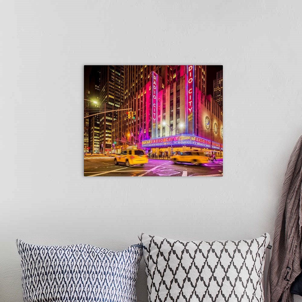 A bohemian room featuring USA, New York City, Manhattan, Midtown, Rockefeller Center, Radio City Music Hall, Taxis in the S...