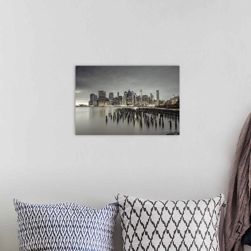 A bohemian room featuring USA, New York City, Lower Manhattan, Downtown skyline with Freedom Tower at night, view from Broo...