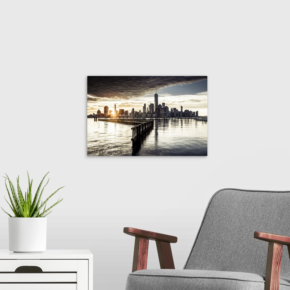 A modern room featuring USA, New York City, Lower Manhattan, Lower Manhattan skyline with One World Trade Center and Free...