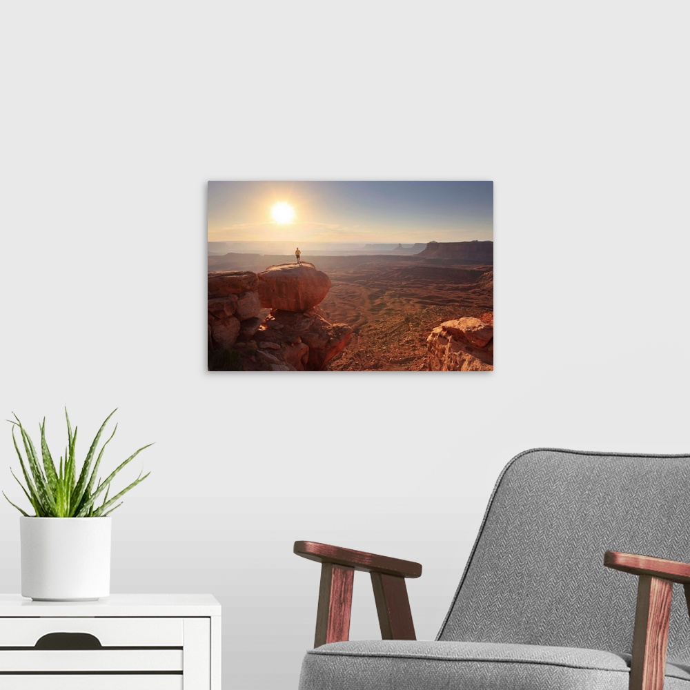 A modern room featuring Utah, Canyonlands National Park, Hiker on a headland at Grand view overlook