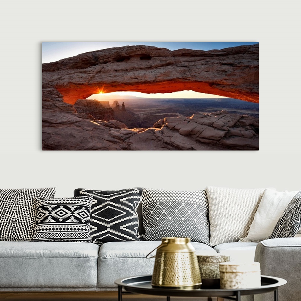 A bohemian room featuring USA, Utah, Canyonlands National Park, Mesa Arch, Natural rock arch.