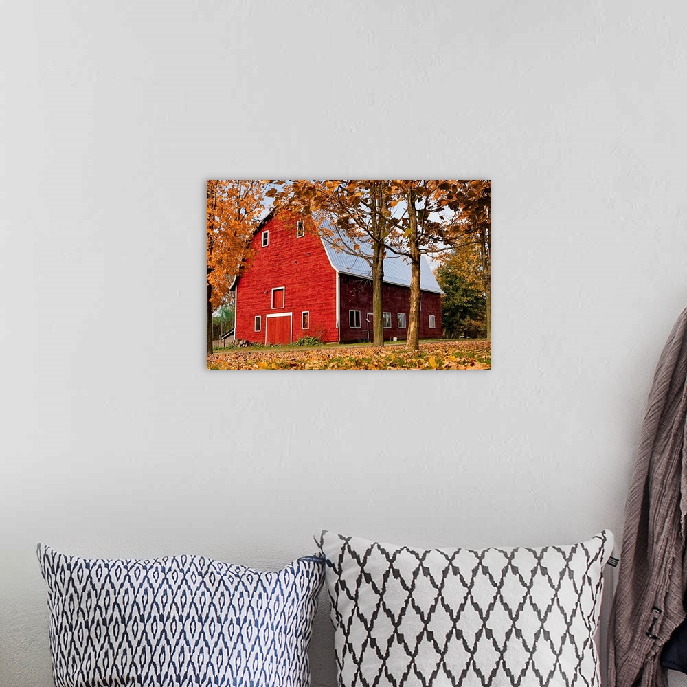 A bohemian room featuring Vermont, red barn in autumn scene